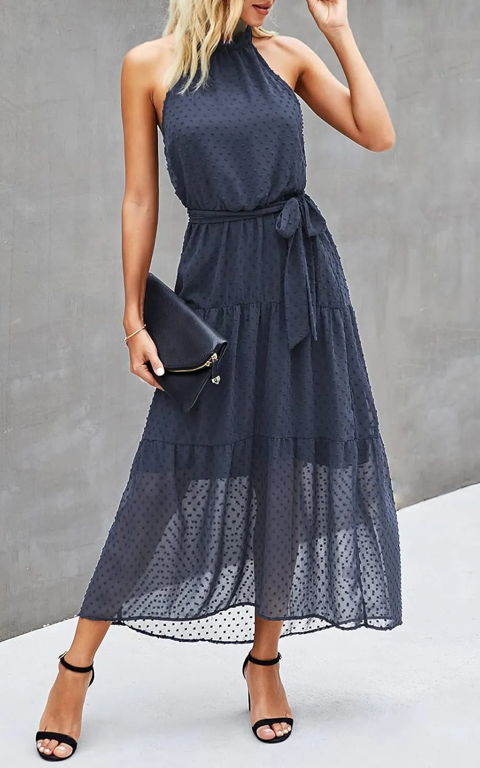 PRETTYGARDEN Womens Halter Neck Floral Long Maxi Dress Casual Sleeveless Backless Dresses Loose Ruffle Sundress with Belt