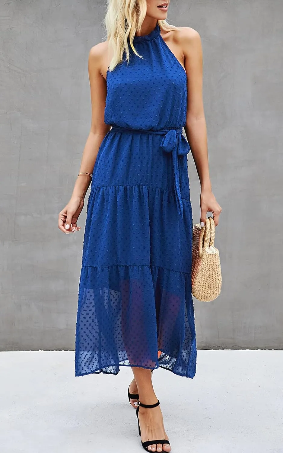 PRETTYGARDEN Womens Halter Neck Floral Long Maxi Dress Casual Sleeveless Backless Dresses Loose Ruffle Sundress with Belt