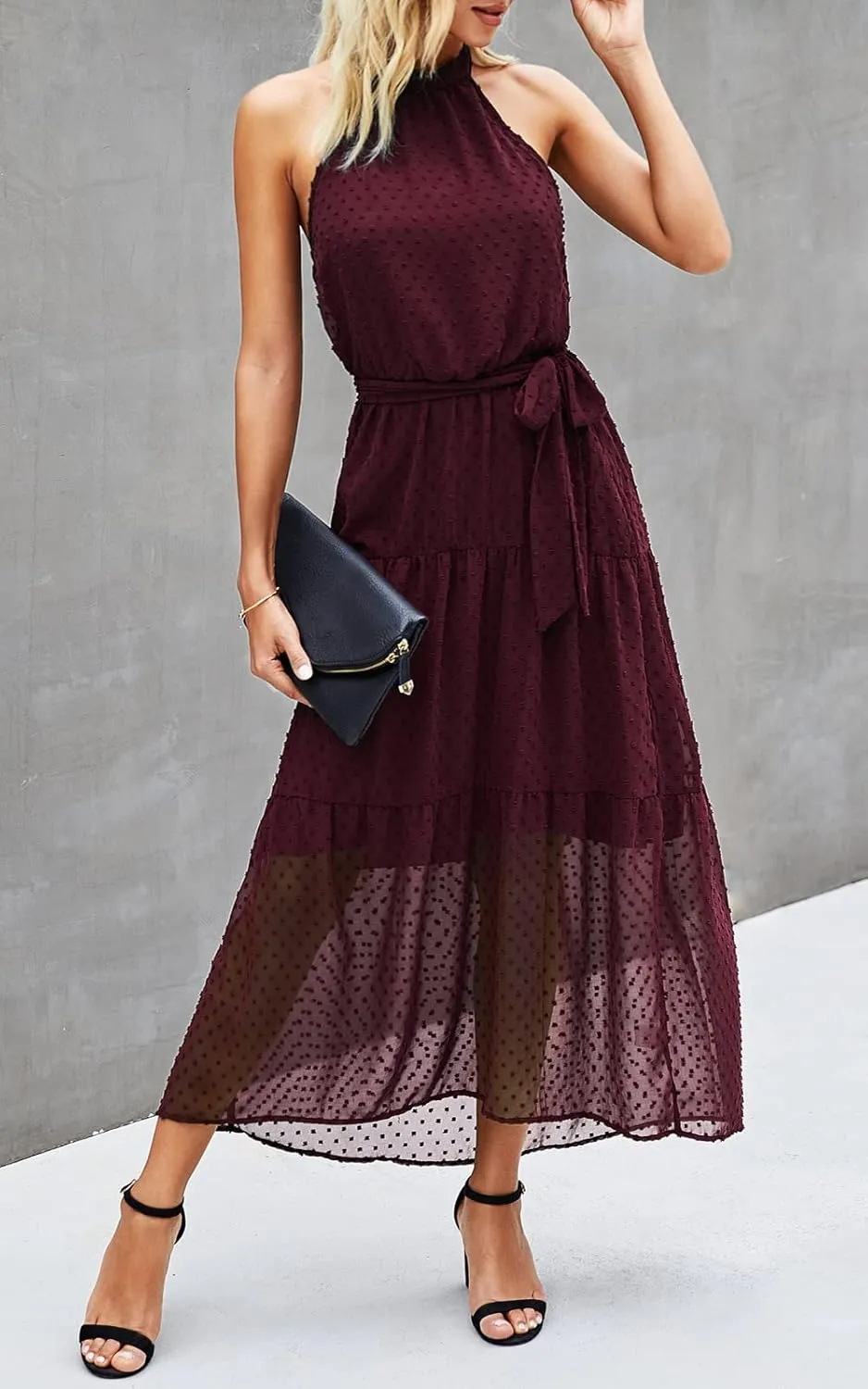 PRETTYGARDEN Womens Halter Neck Floral Long Maxi Dress Casual Sleeveless Backless Dresses Loose Ruffle Sundress with Belt