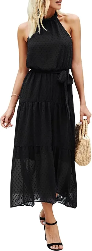 PRETTYGARDEN Womens Halter Neck Floral Long Maxi Dress Casual Sleeveless Backless Dresses Loose Ruffle Sundress with Belt