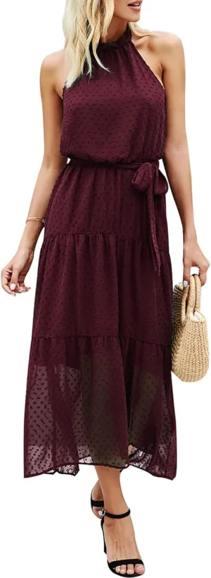 PRETTYGARDEN Womens Halter Neck Floral Long Maxi Dress Casual Sleeveless Backless Dresses Loose Ruffle Sundress with Belt