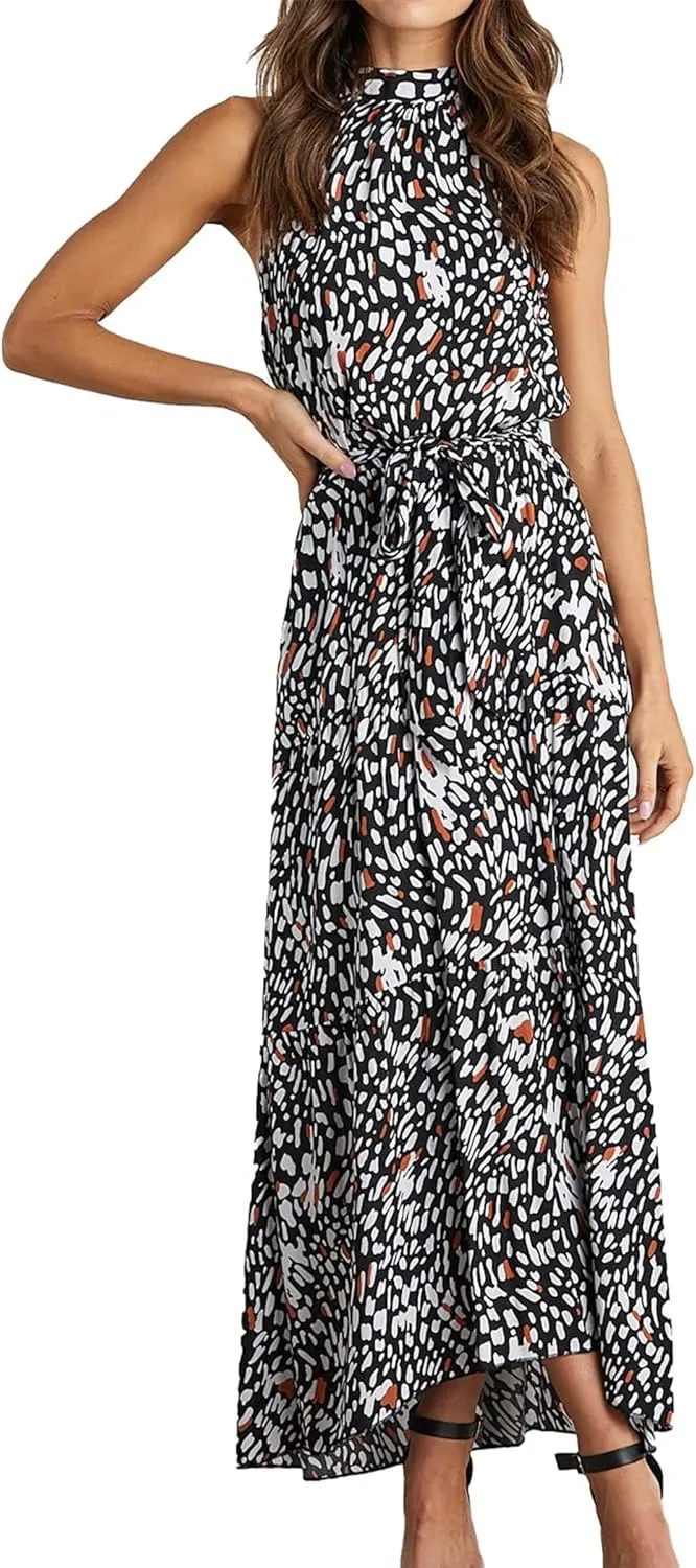 PRETTYGARDEN Womens Halter Neck Floral Long Maxi Dress Casual Sleeveless Backless Dresses Loose Ruffle Sundress with Belt