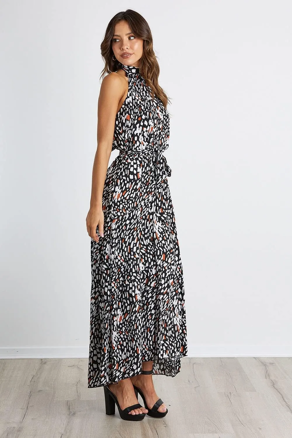 PRETTYGARDEN Womens Halter Neck Floral Long Maxi Dress Casual Sleeveless Backless Dresses Loose Ruffle Sundress with Belt
