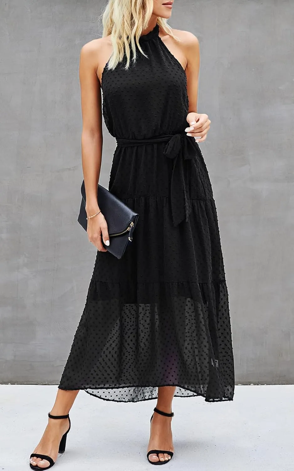 PRETTYGARDEN Womens Halter Neck Floral Long Maxi Dress Casual Sleeveless Backless Dresses Loose Ruffle Sundress with Belt