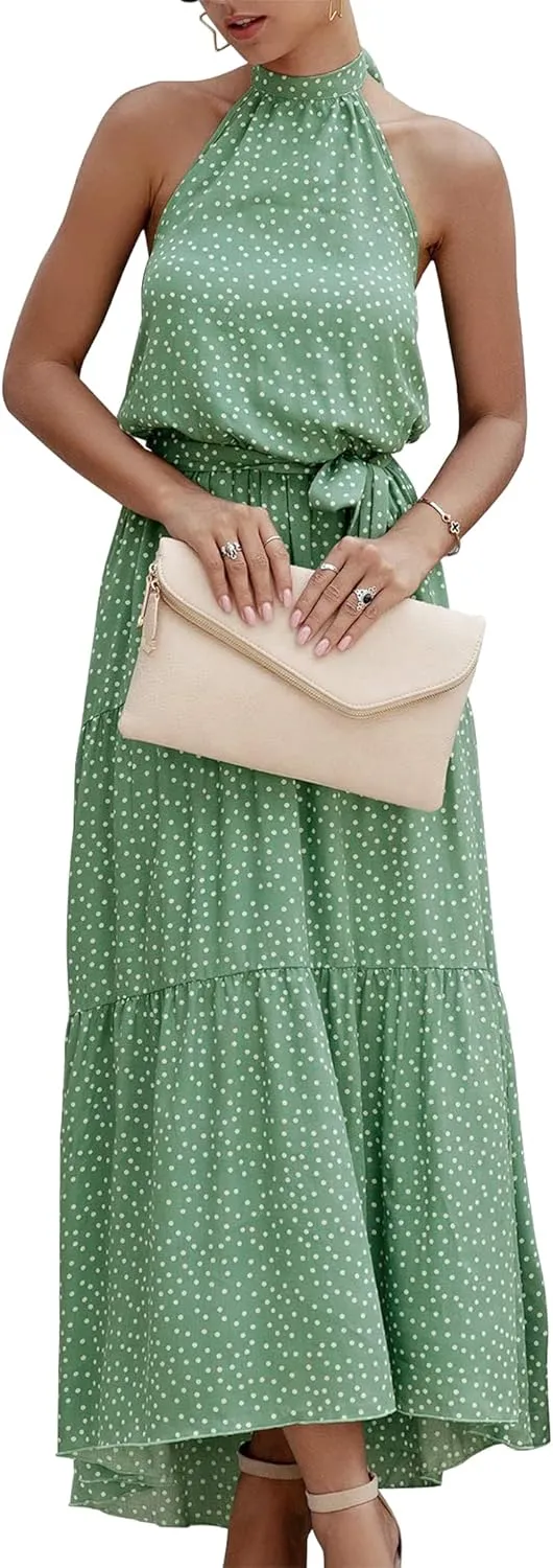 PRETTYGARDEN Womens Halter Neck Floral Long Maxi Dress Casual Sleeveless Backless Dresses Loose Ruffle Sundress with Belt