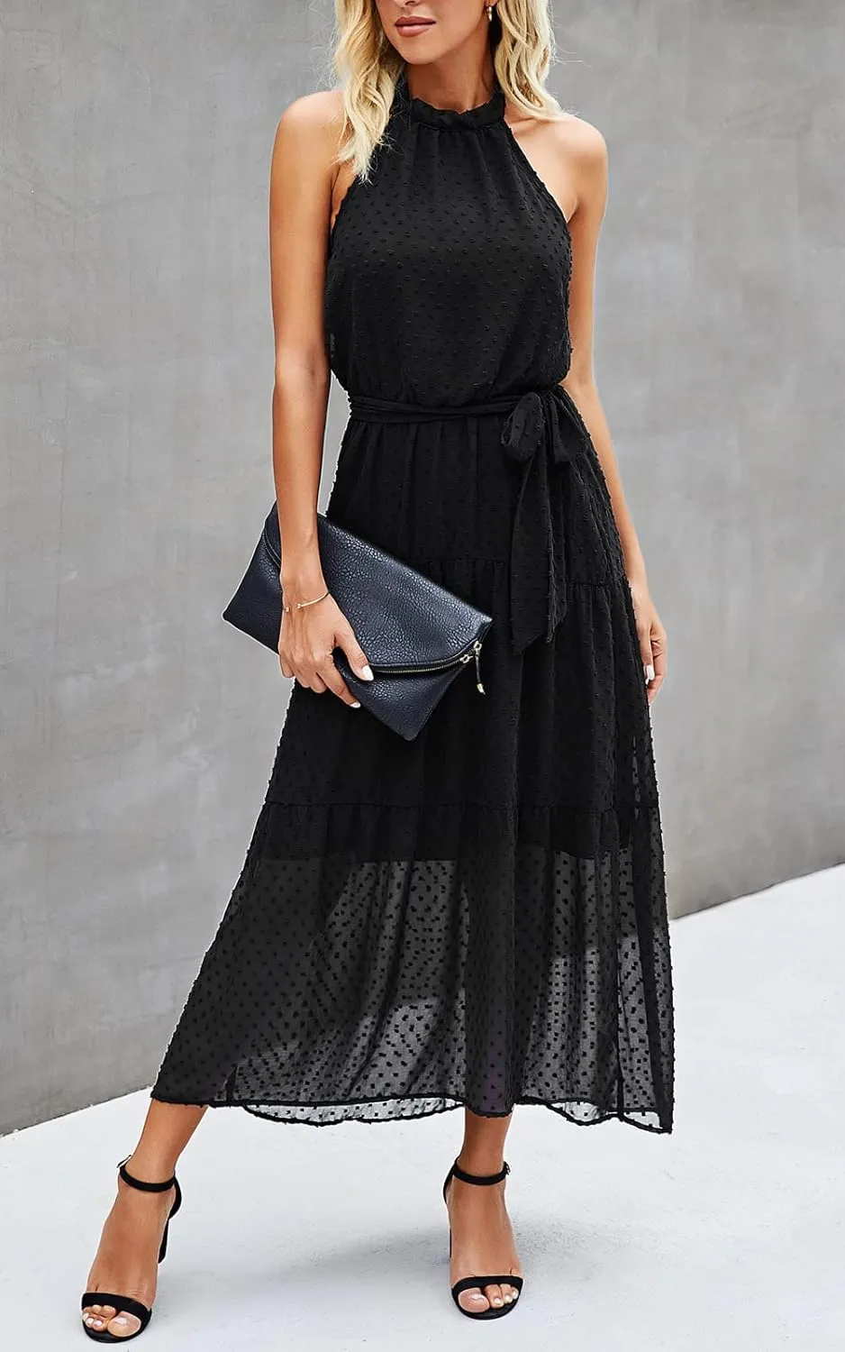 PRETTYGARDEN Womens Halter Neck Floral Long Maxi Dress Casual Sleeveless Backless Dresses Loose Ruffle Sundress with Belt