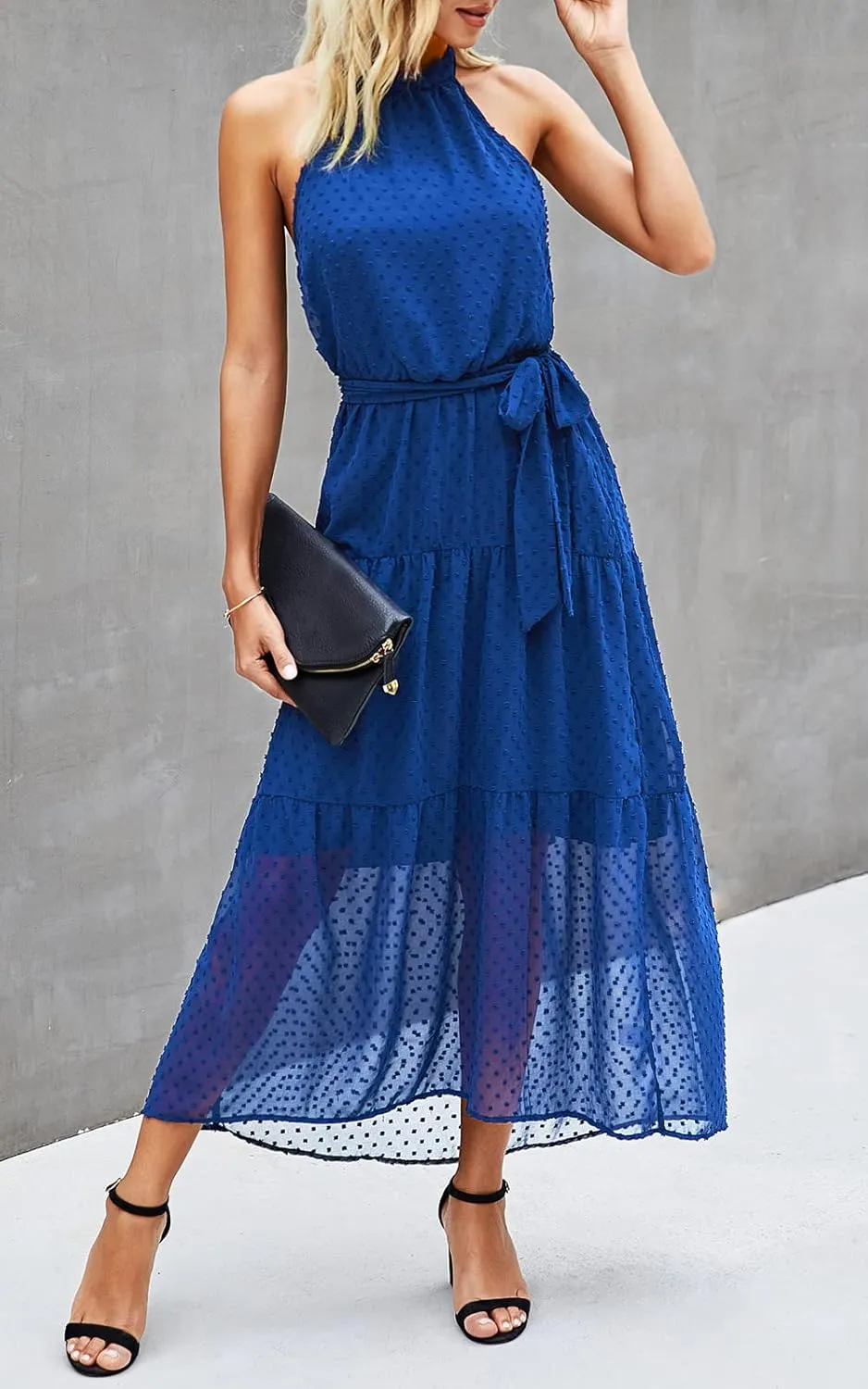 PRETTYGARDEN Womens Halter Neck Floral Long Maxi Dress Casual Sleeveless Backless Dresses Loose Ruffle Sundress with Belt