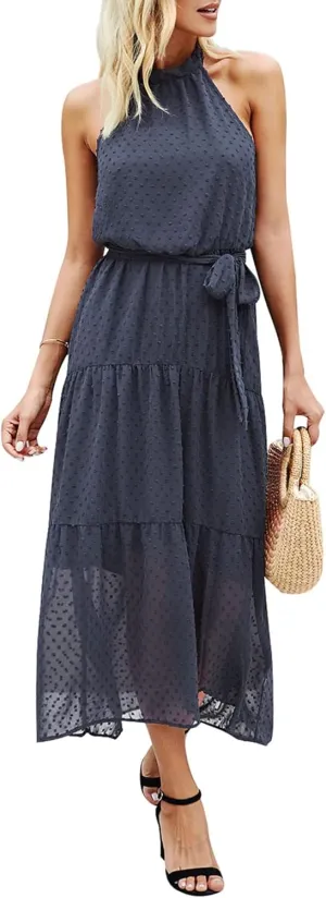 PRETTYGARDEN Womens Halter Neck Floral Long Maxi Dress Casual Sleeveless Backless Dresses Loose Ruffle Sundress with Belt