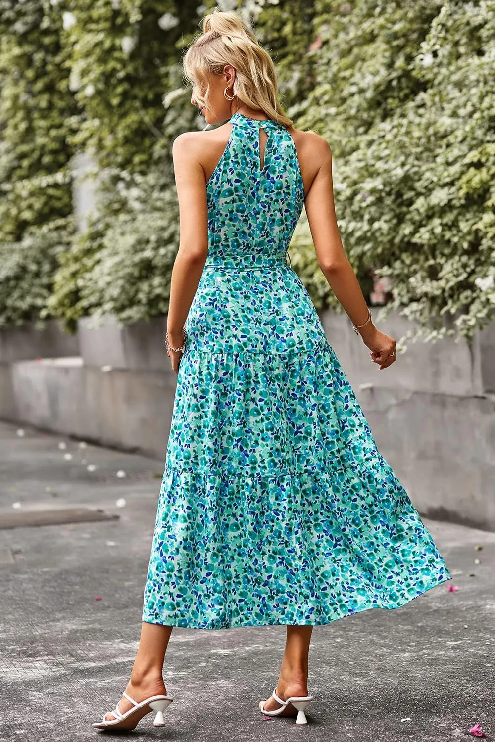 PRETTYGARDEN Women's Summer Floral Maxi Sun Dress Sleeveless Halter Neck Flowy Ruffle Hem Long Boho Dresses with Belt