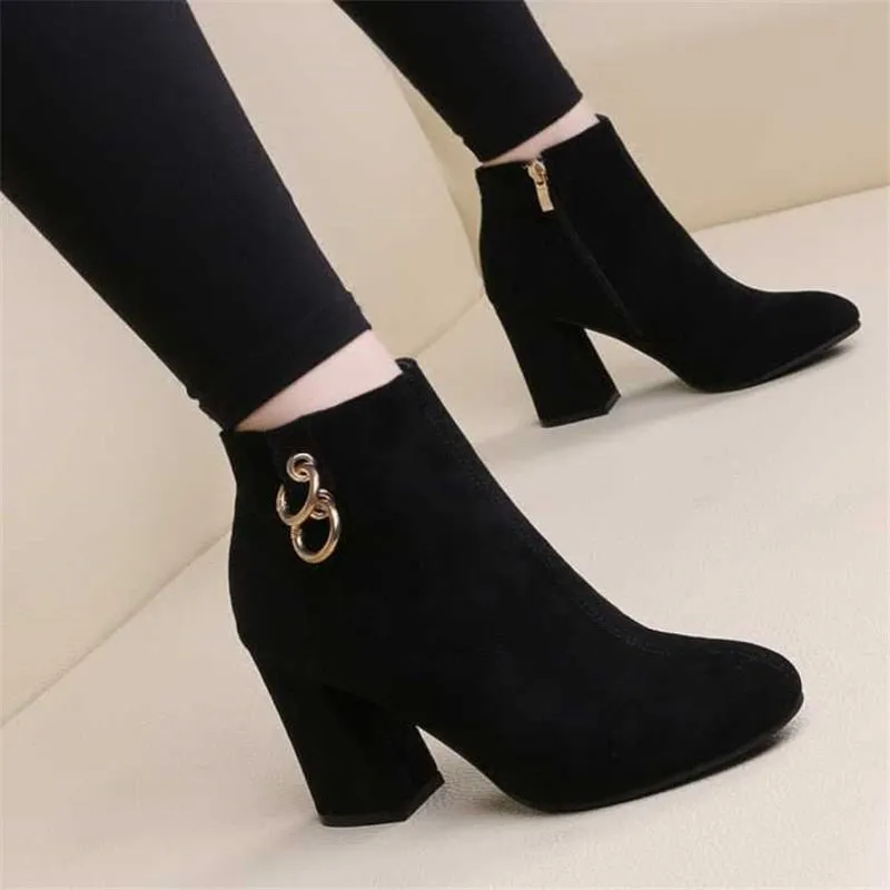 Purpdrank - comemore Retro Women Warm Velvet Women's Boots Vintage Block Heel Ankle Boots Side Zipper High Heels Women Shoes Big Sizes 35-43