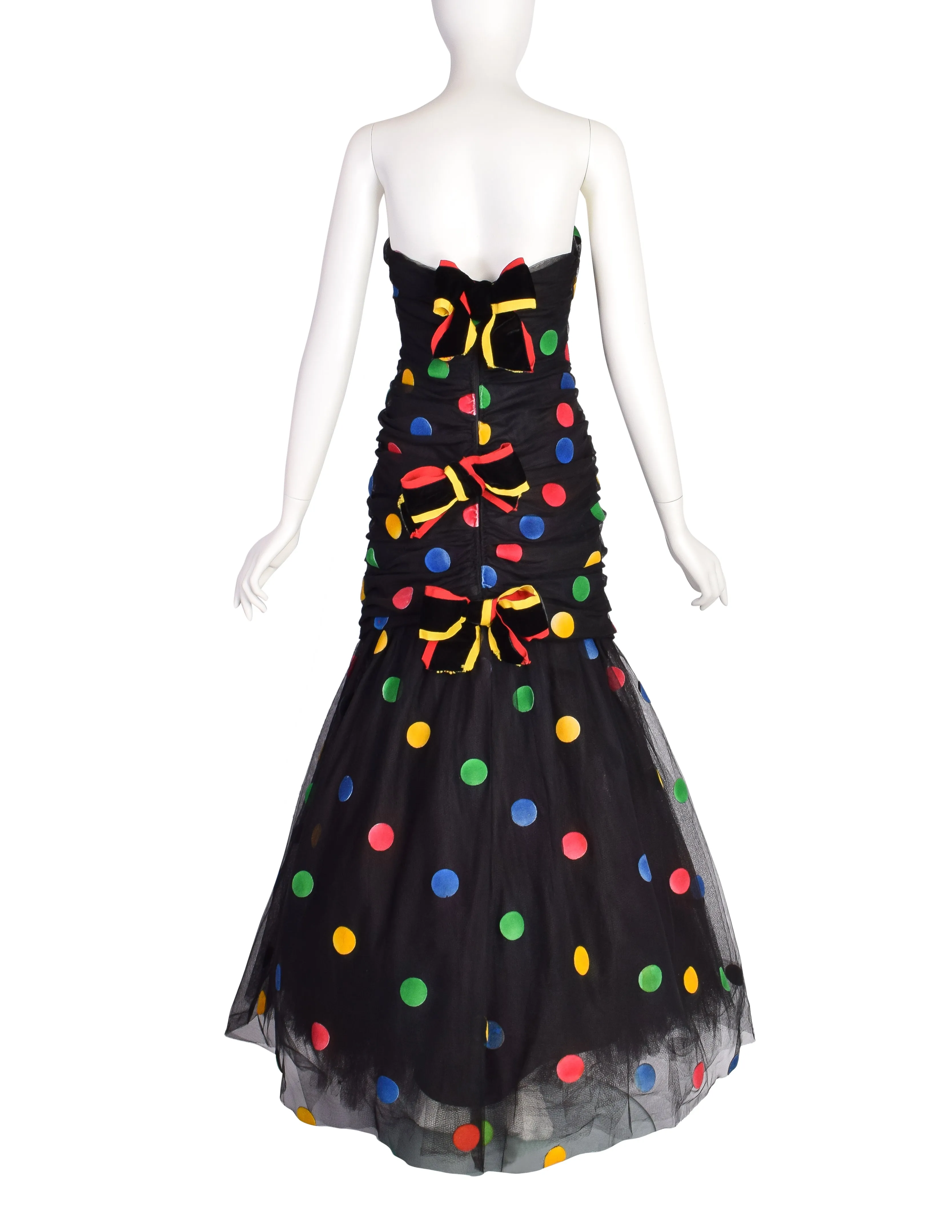 Scaasi Vintage 1980s Black Multicolor Polka Dot Mesh Tulle Ruched Trumpet Party Dress
