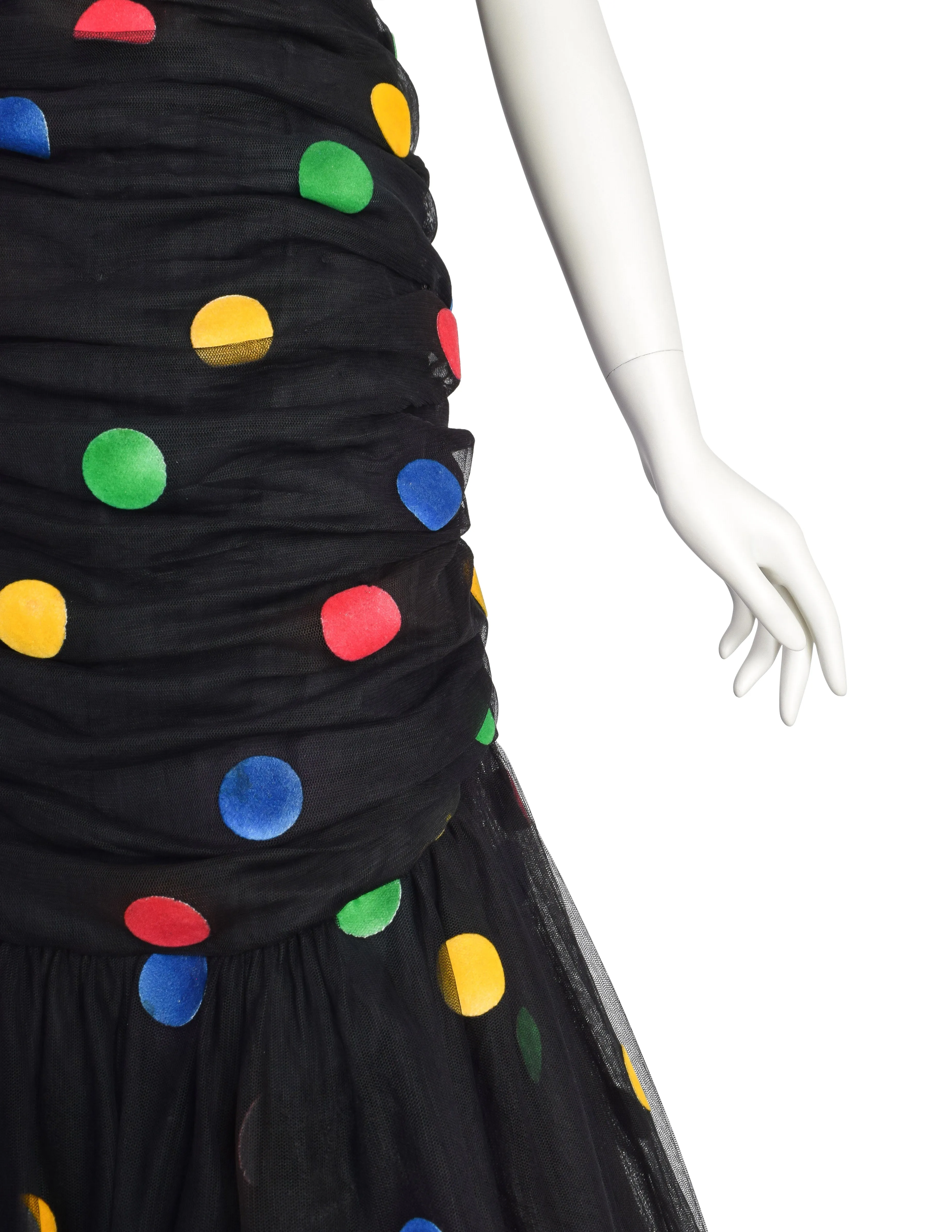 Scaasi Vintage 1980s Black Multicolor Polka Dot Mesh Tulle Ruched Trumpet Party Dress