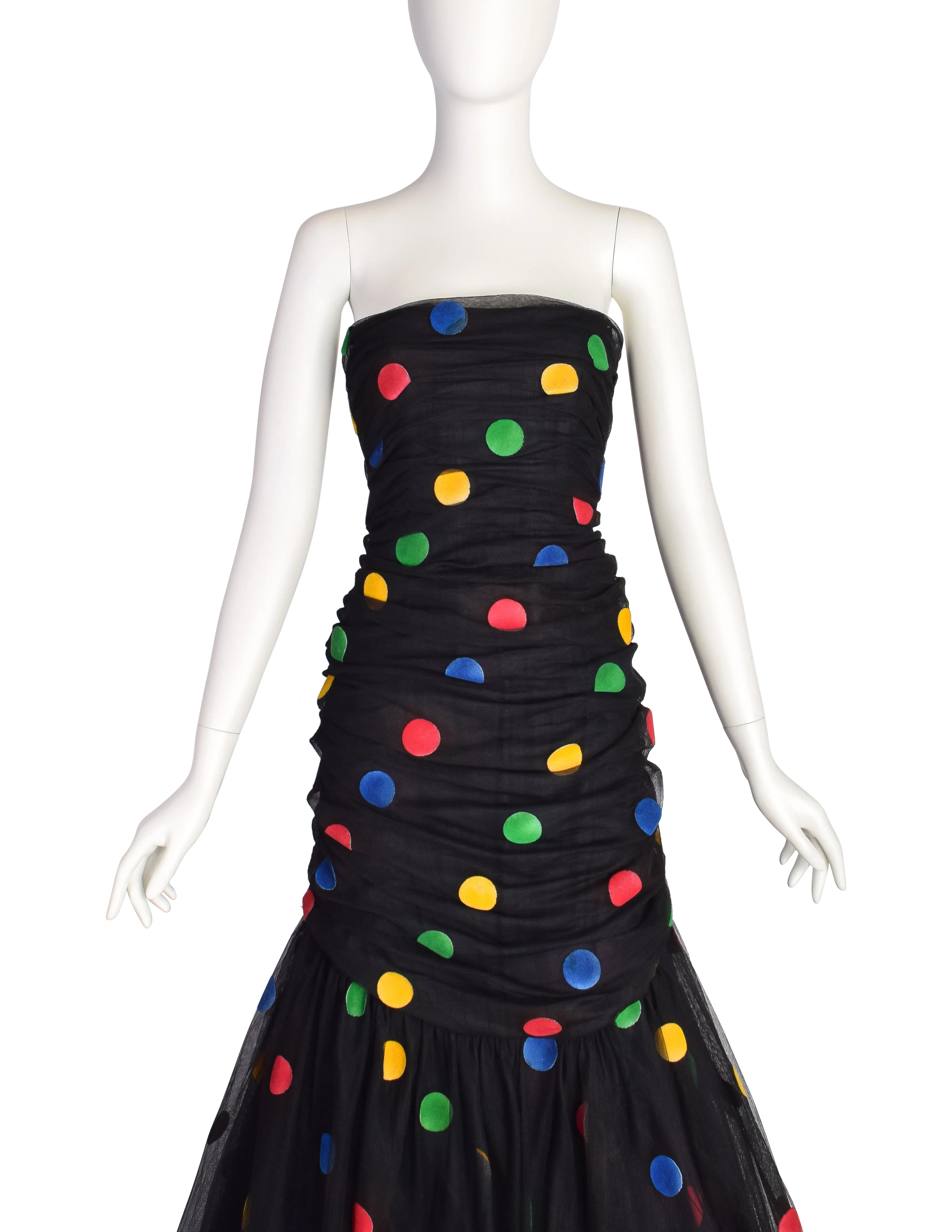 Scaasi Vintage 1980s Black Multicolor Polka Dot Mesh Tulle Ruched Trumpet Party Dress