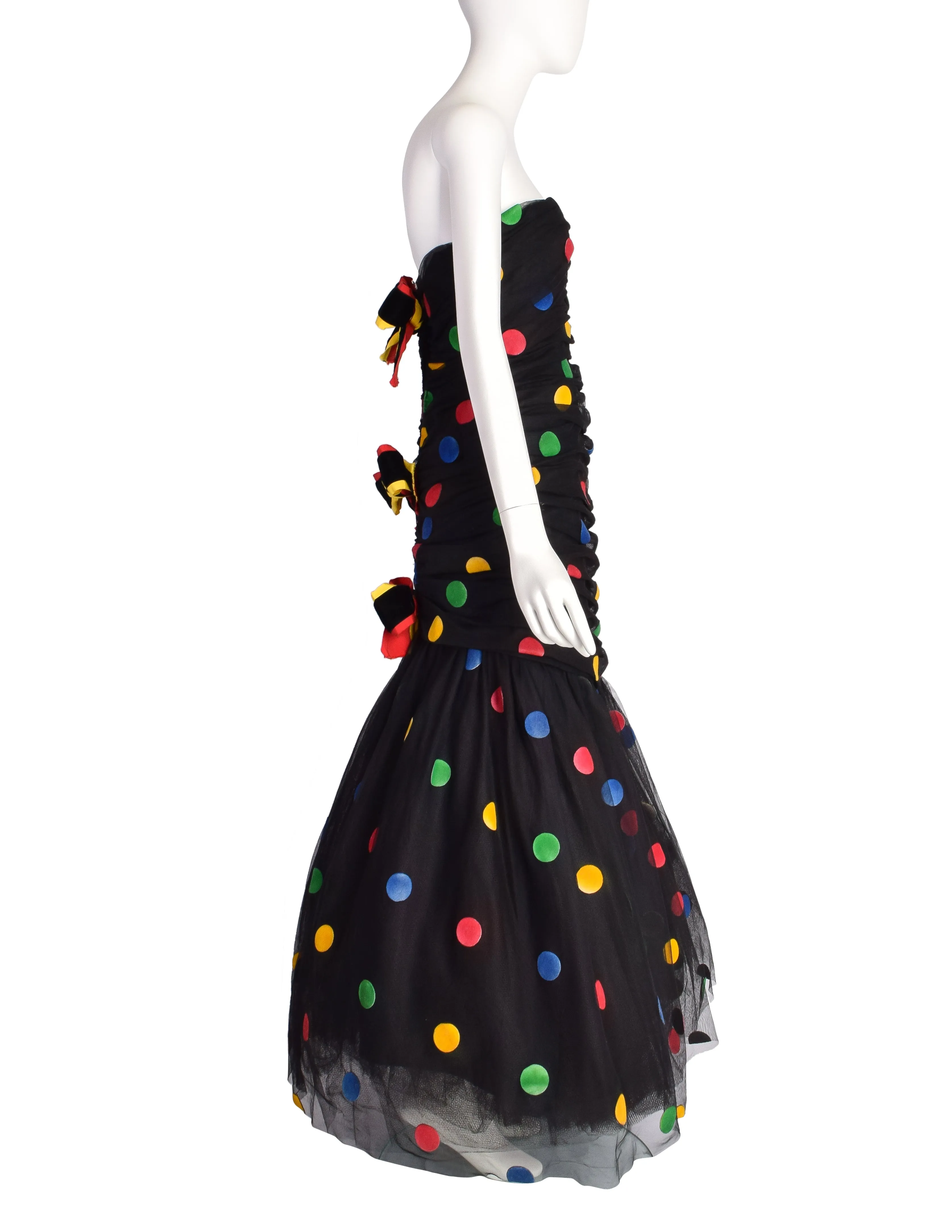 Scaasi Vintage 1980s Black Multicolor Polka Dot Mesh Tulle Ruched Trumpet Party Dress