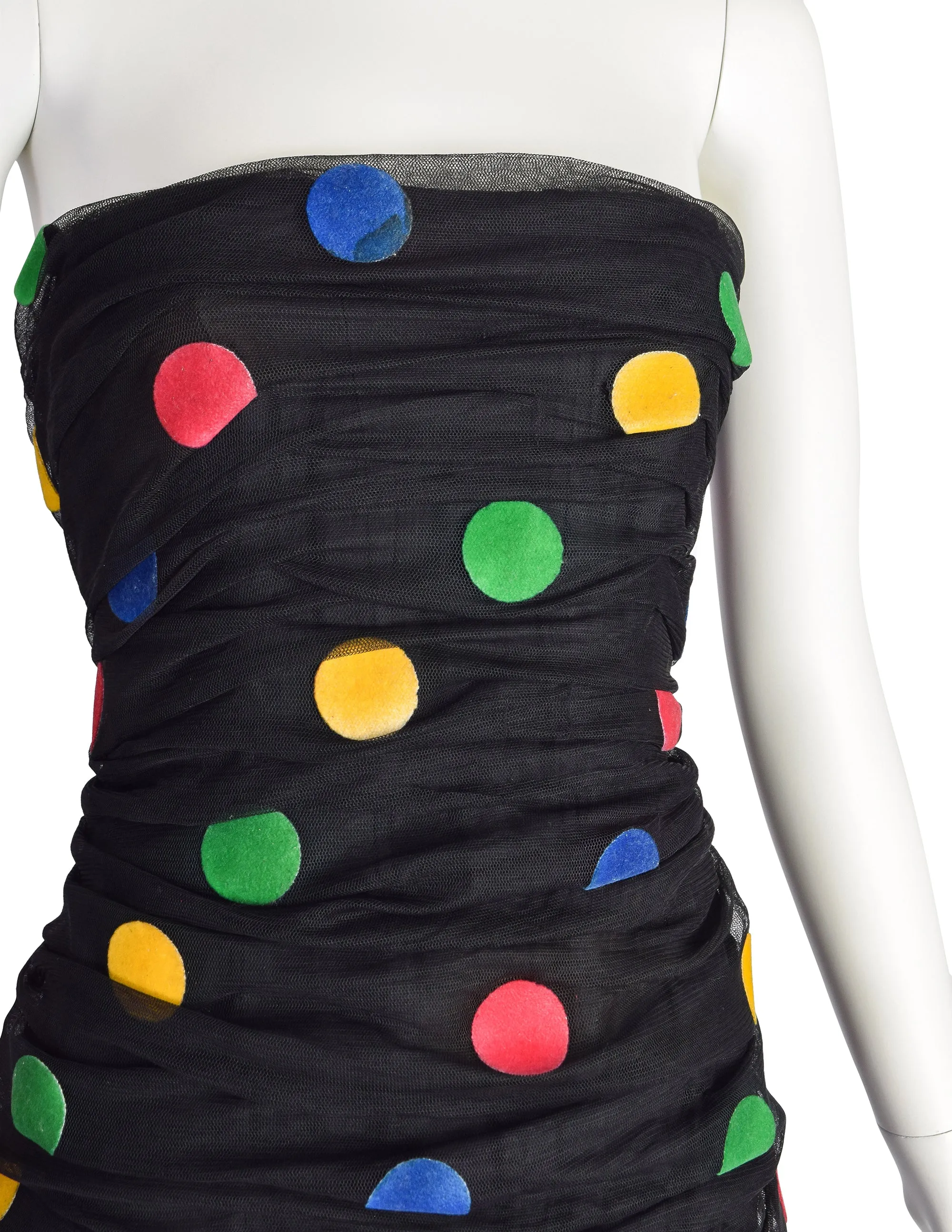 Scaasi Vintage 1980s Black Multicolor Polka Dot Mesh Tulle Ruched Trumpet Party Dress