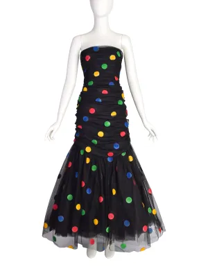 Scaasi Vintage 1980s Black Multicolor Polka Dot Mesh Tulle Ruched Trumpet Party Dress