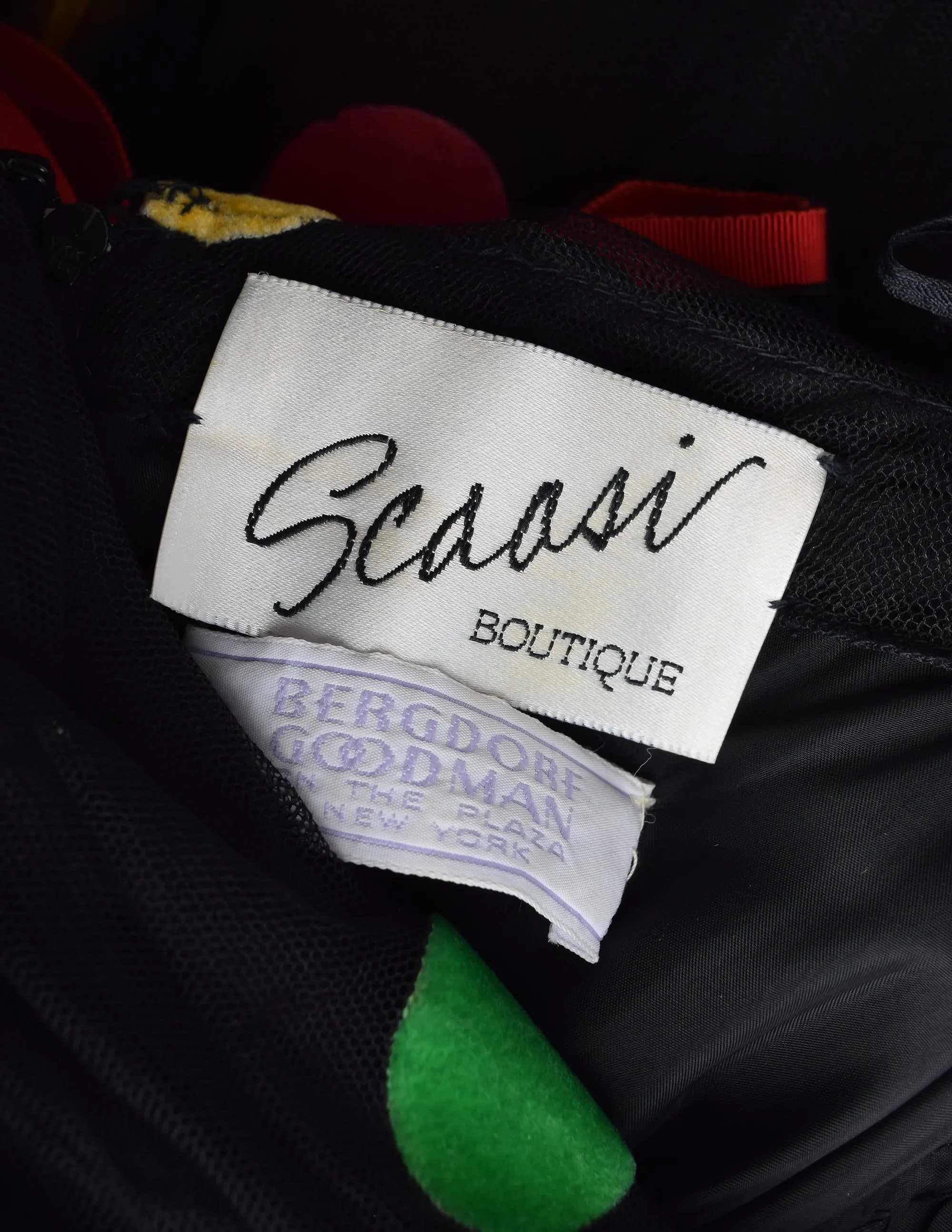 Scaasi Vintage 1980s Black Multicolor Polka Dot Mesh Tulle Ruched Trumpet Party Dress