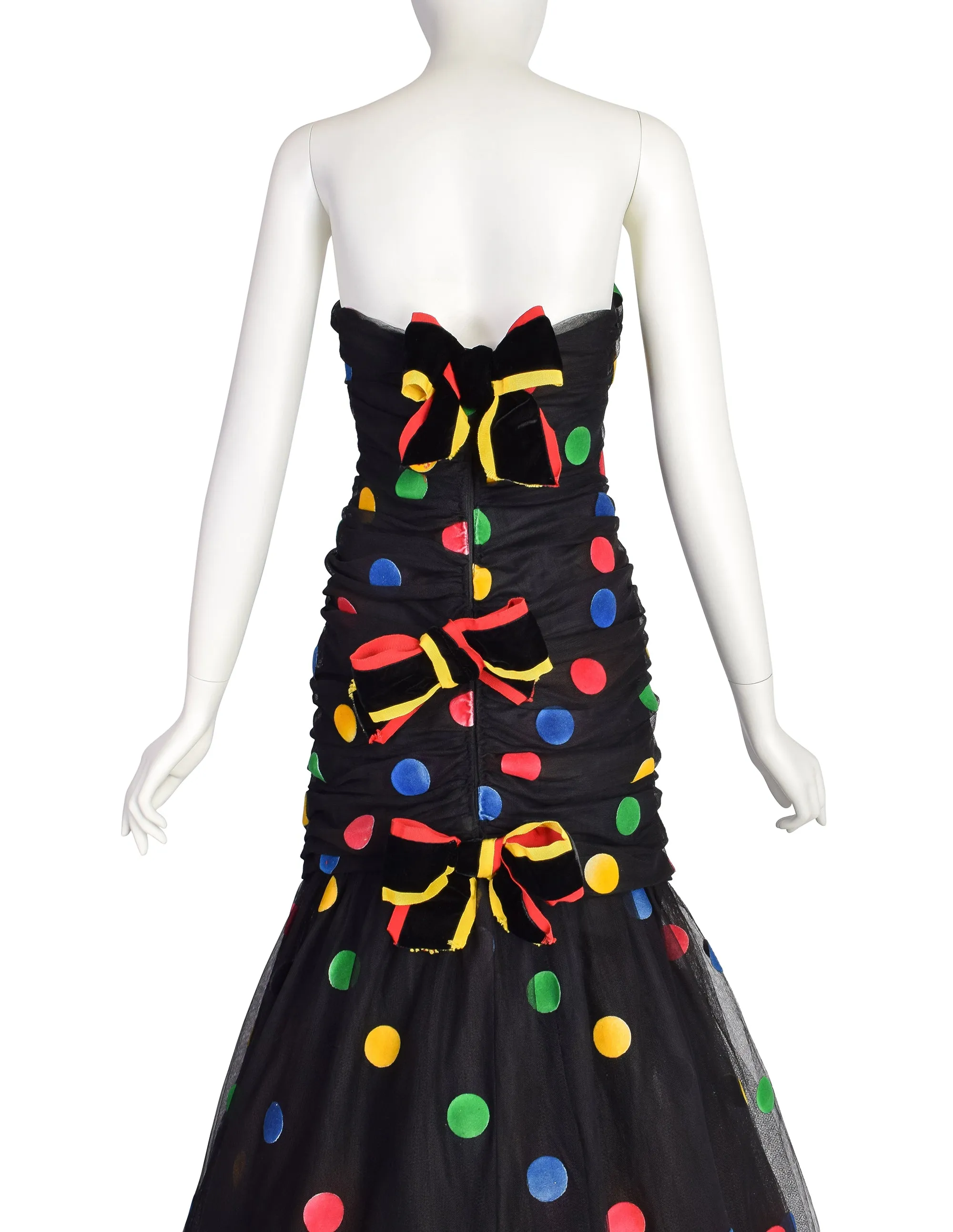 Scaasi Vintage 1980s Black Multicolor Polka Dot Mesh Tulle Ruched Trumpet Party Dress