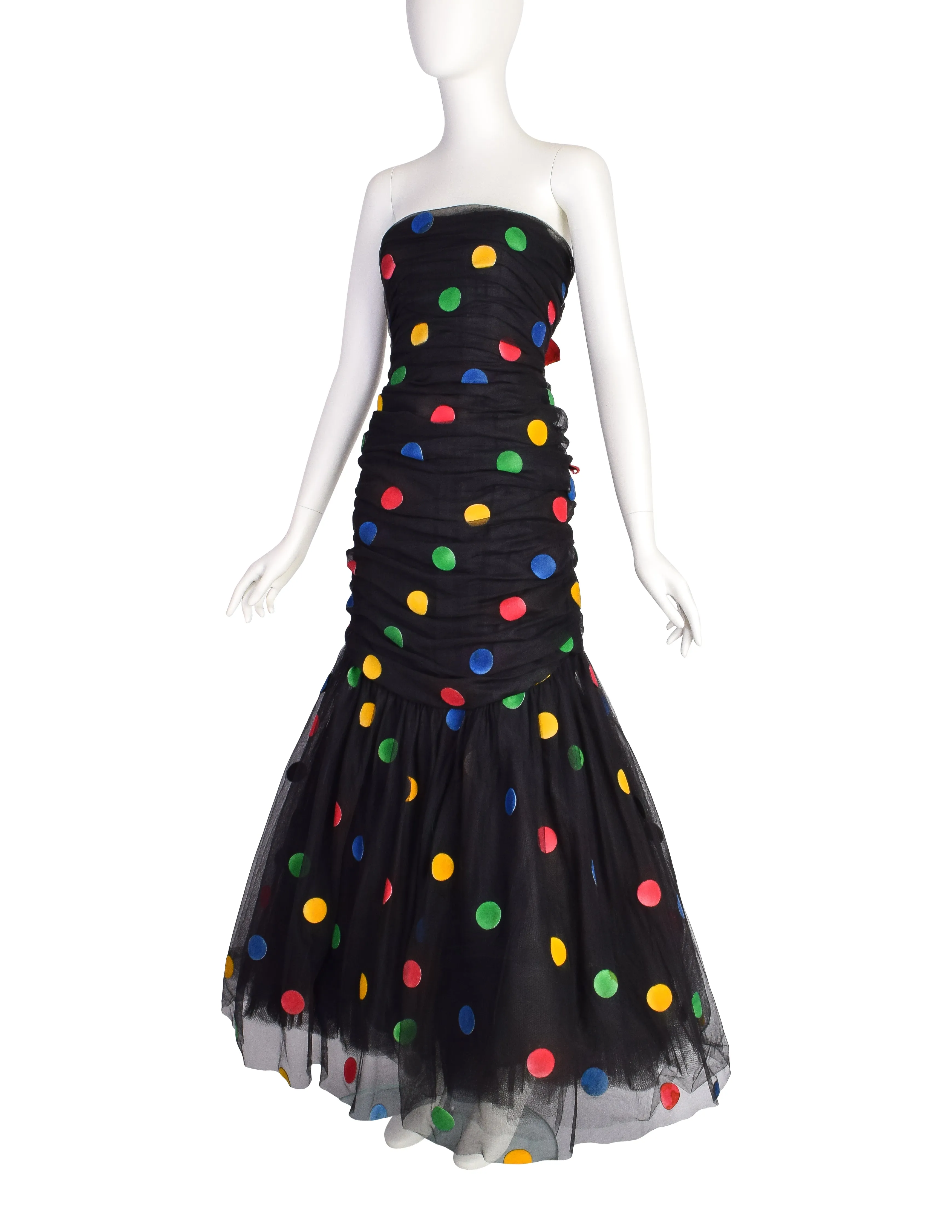 Scaasi Vintage 1980s Black Multicolor Polka Dot Mesh Tulle Ruched Trumpet Party Dress