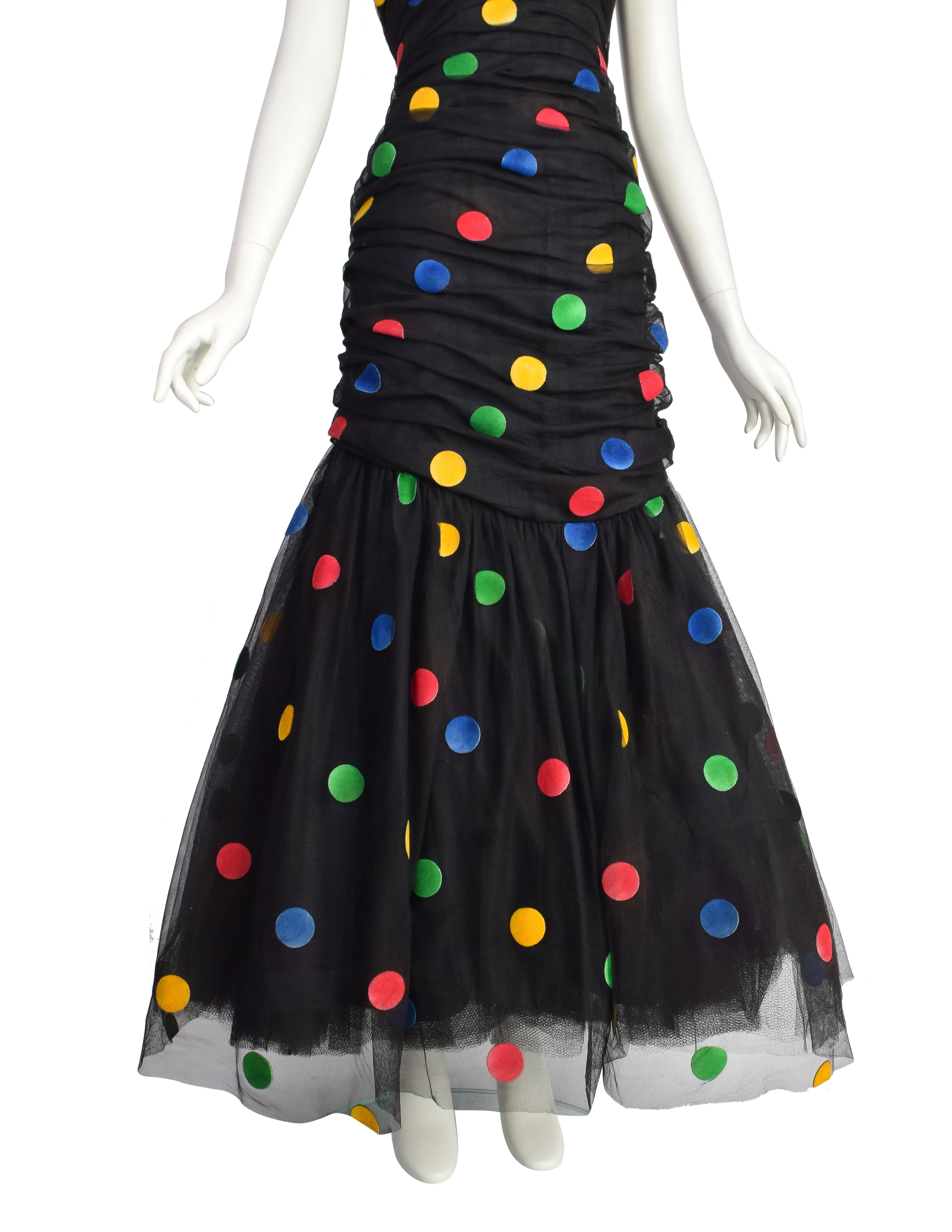 Scaasi Vintage 1980s Black Multicolor Polka Dot Mesh Tulle Ruched Trumpet Party Dress