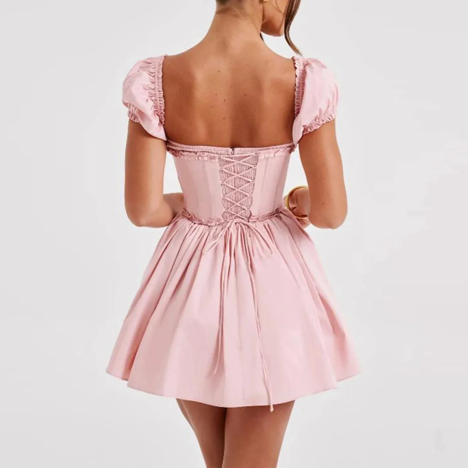 Short Sleeve Mini Casual Solid Color Backless Corset A-Line Beach Cocktail Streetwear Summer Y2k Dress