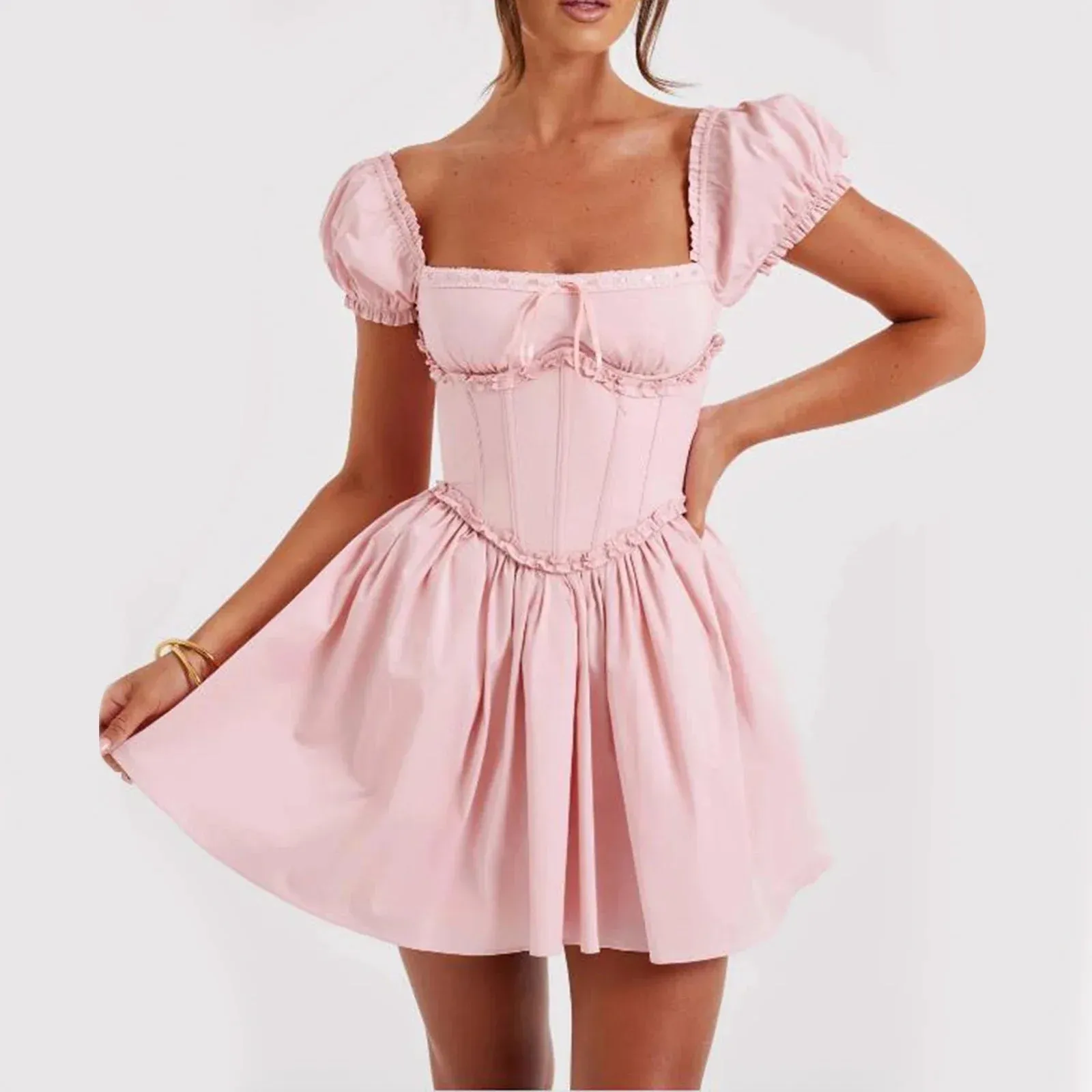 Short Sleeve Mini Casual Solid Color Backless Corset A-Line Beach Cocktail Streetwear Summer Y2k Dress