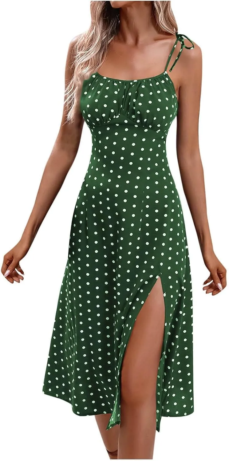 Summer Dresses for Women 2025,Adjustable Spaghetti Strap Sundress Polka Dot Petite A Line Beach Vacation Sundresses