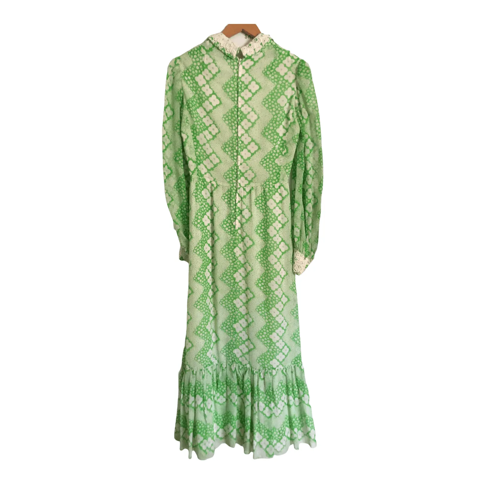 Susan Small Vintage Cotton Long Sleeve Maxi Shirt Dress Lime Green w/ White Lace Floral Print UK Size 10-12