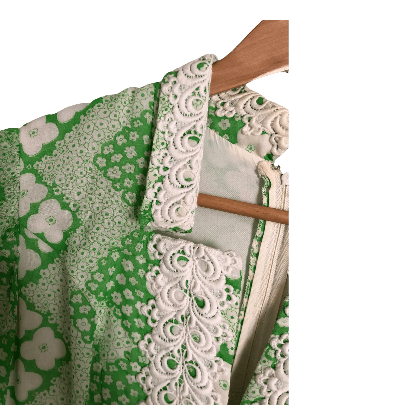 Susan Small Vintage Cotton Long Sleeve Maxi Shirt Dress Lime Green w/ White Lace Floral Print UK Size 10-12