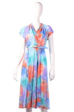Tricosa Blue and Coral Floral Pattern Dress Unworn Vintage with Tags Size 12/14