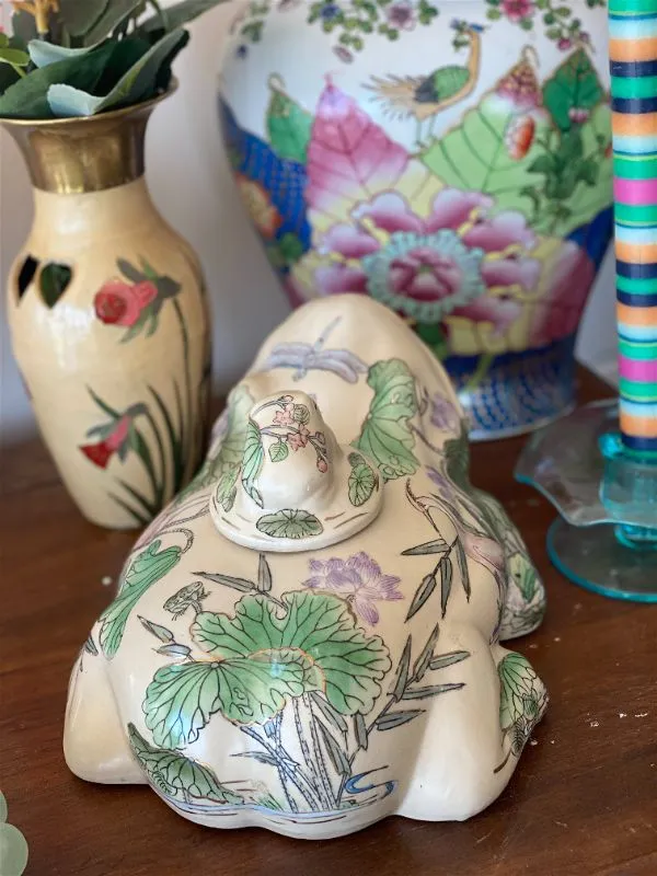 Vintage Ceramic Floral Pink and Green Frog
