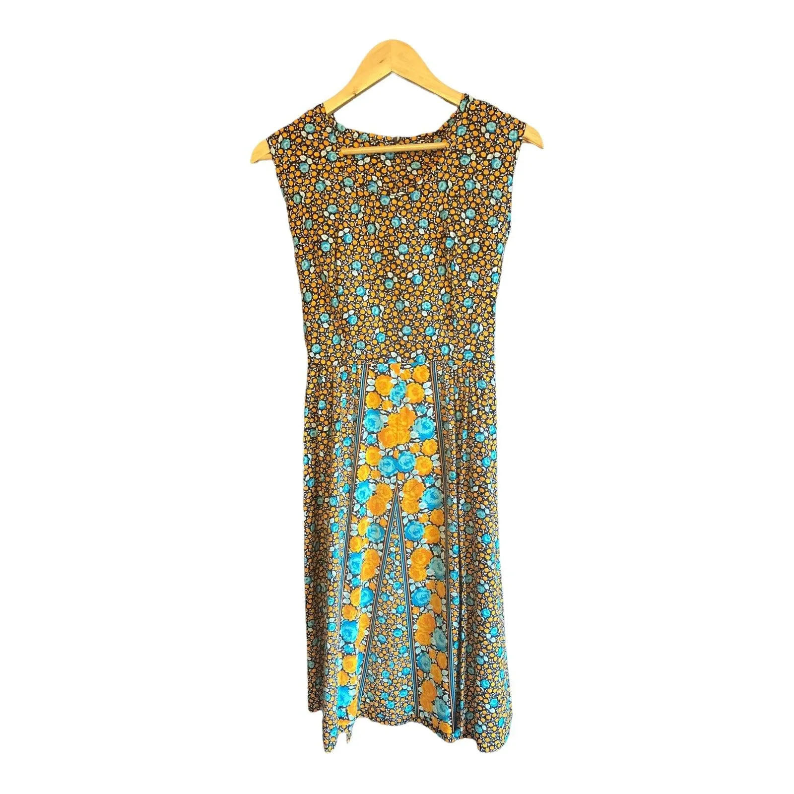 Vintage Cotton Orange and Blue Floral Sleeveless Dress UK Size 12