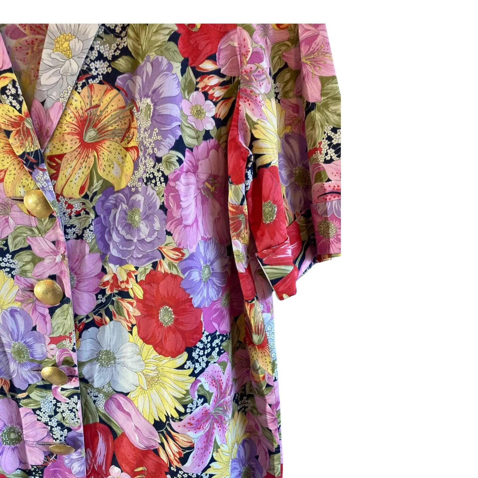 Vintage Cotton Red, Yellow And Purple Floral Short Sleeved Dress UK Size 16