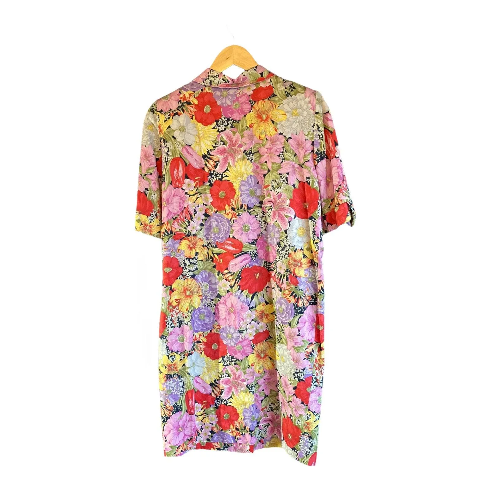 Vintage Cotton Red, Yellow And Purple Floral Short Sleeved Dress UK Size 16