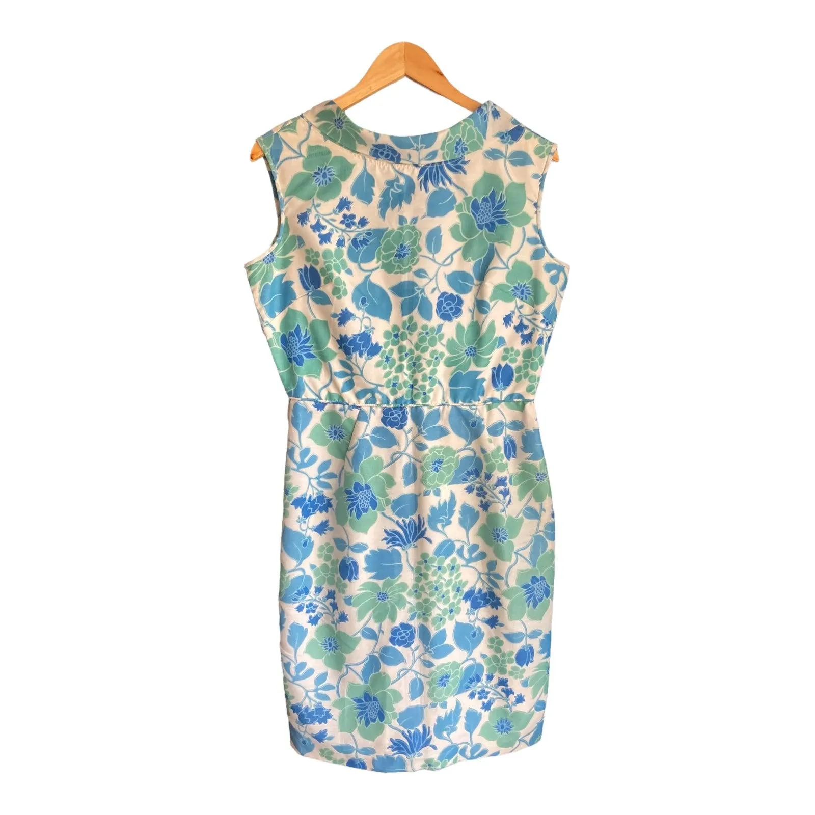 Vintage Cream Blue And Green Floral Sleeveless Dress UK Size 14