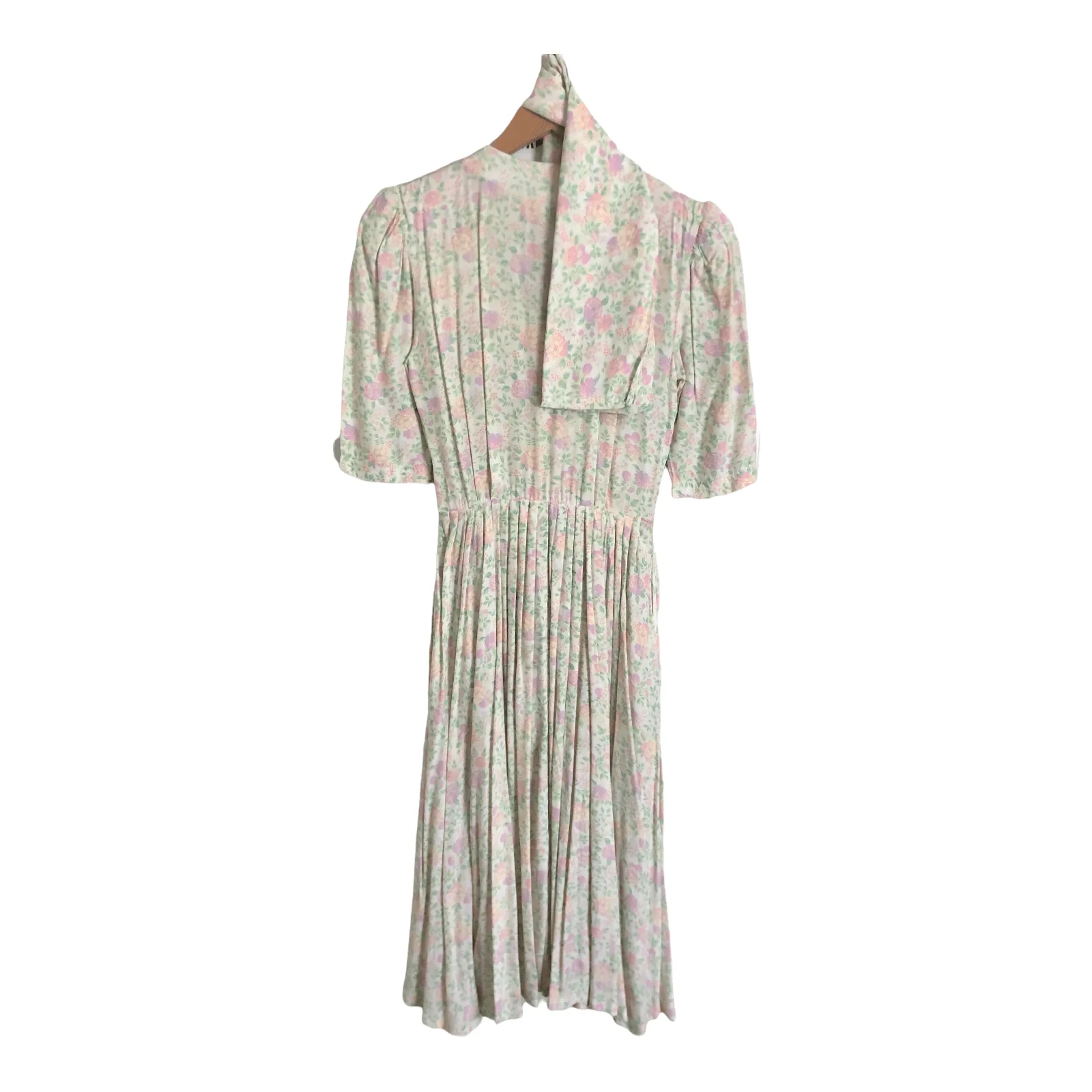 Vintage Mondi 100% Viscose Half Sleeve Maxi Dress w/ Belt Sash Cream Pink Floral Print UK Size 6-8