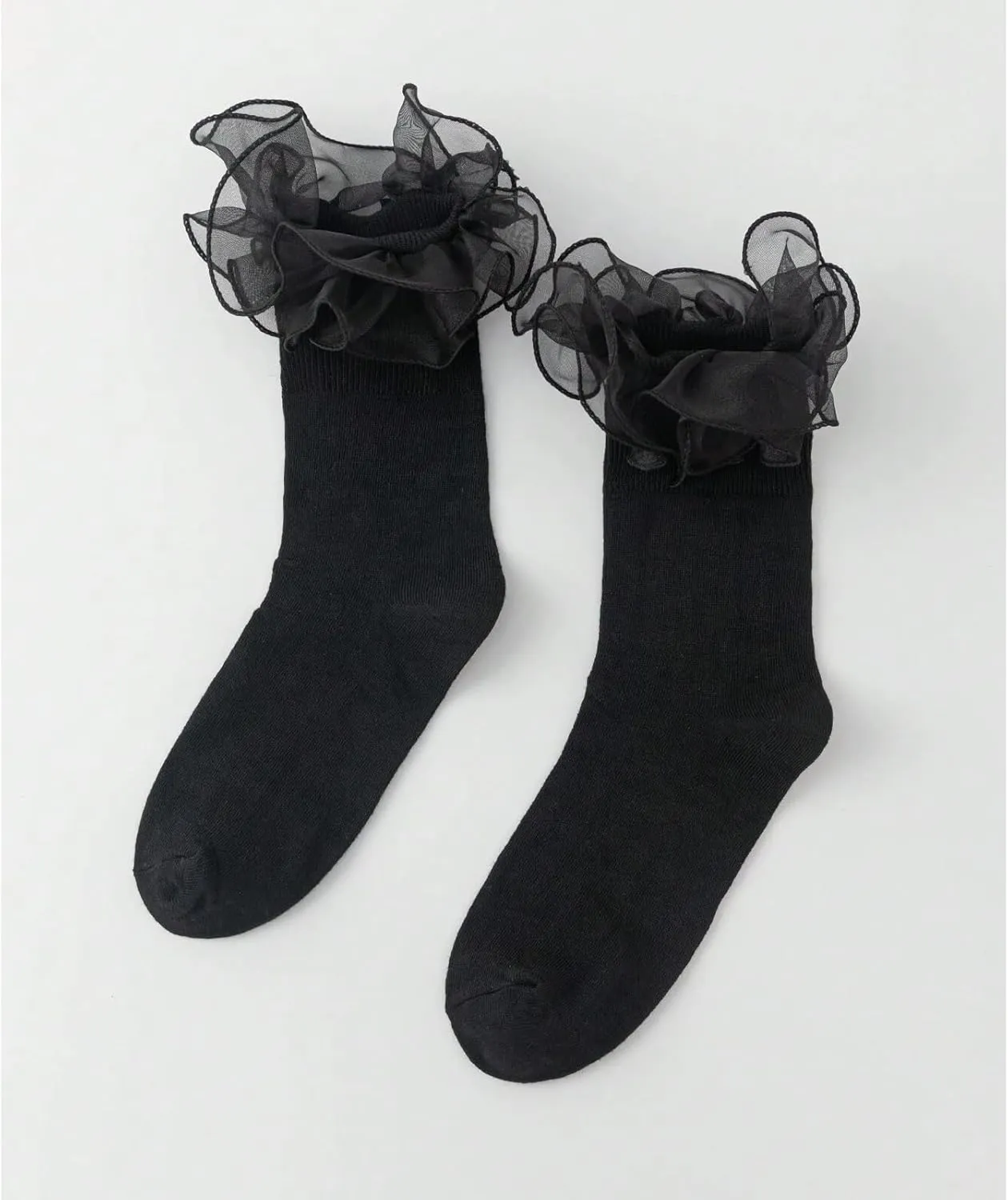 Women Big Ruffle Ankle Socks Adult Double Lace Frilly Socks Fold Cuff Cotton Ruffled Dress Crew Bobby Bride Sock