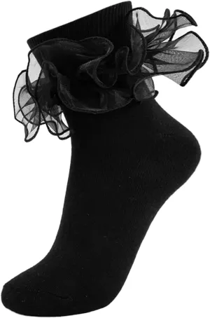 Women Big Ruffle Ankle Socks Adult Double Lace Frilly Socks Fold Cuff Cotton Ruffled Dress Crew Bobby Bride Sock