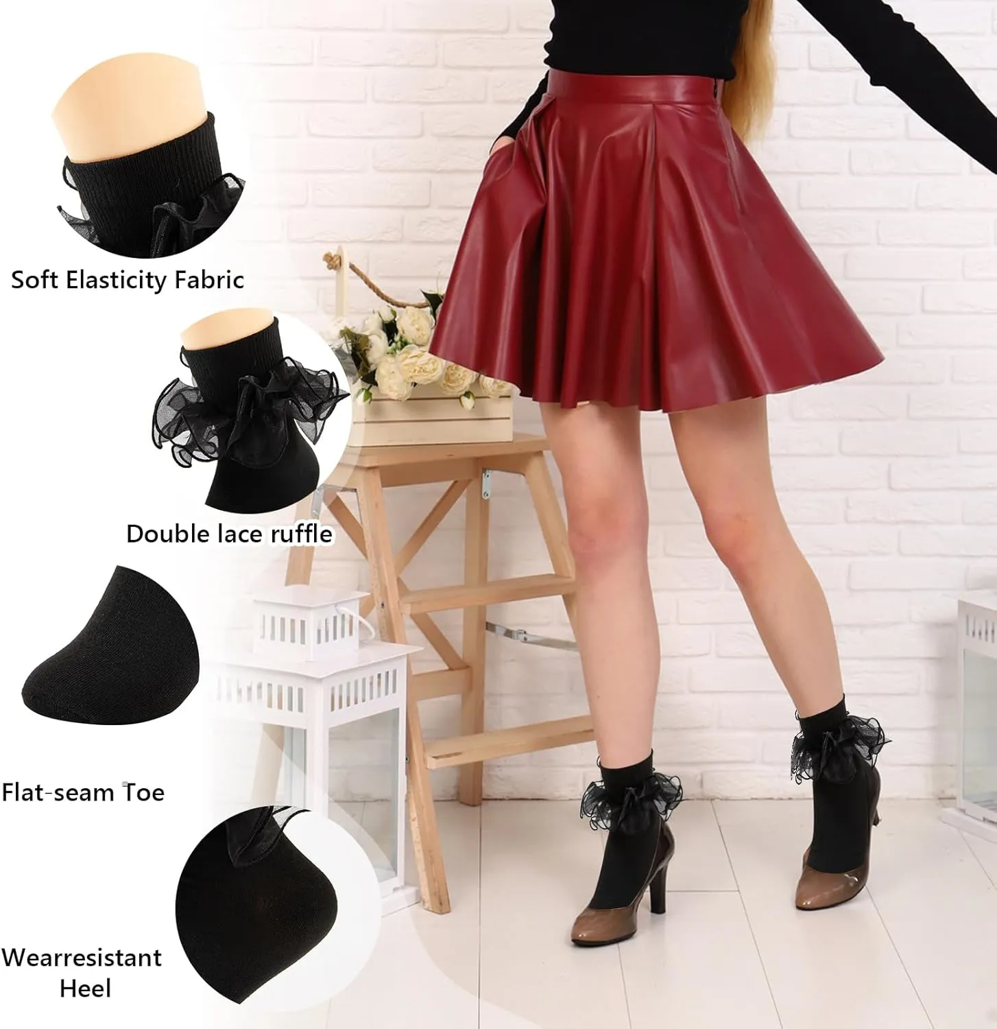 Women Big Ruffle Ankle Socks Adult Double Lace Frilly Socks Fold Cuff Cotton Ruffled Dress Crew Bobby Bride Sock