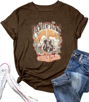 Women Vintage Country Music Shirt Retro Cow Skull Western Graphic T-Shirt Cute Cowgirl Tee Tops