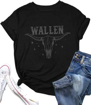 Women Vintage Country Music Shirt Retro Cow Skull Western Graphic T-Shirt Cute Cowgirl Tee Tops