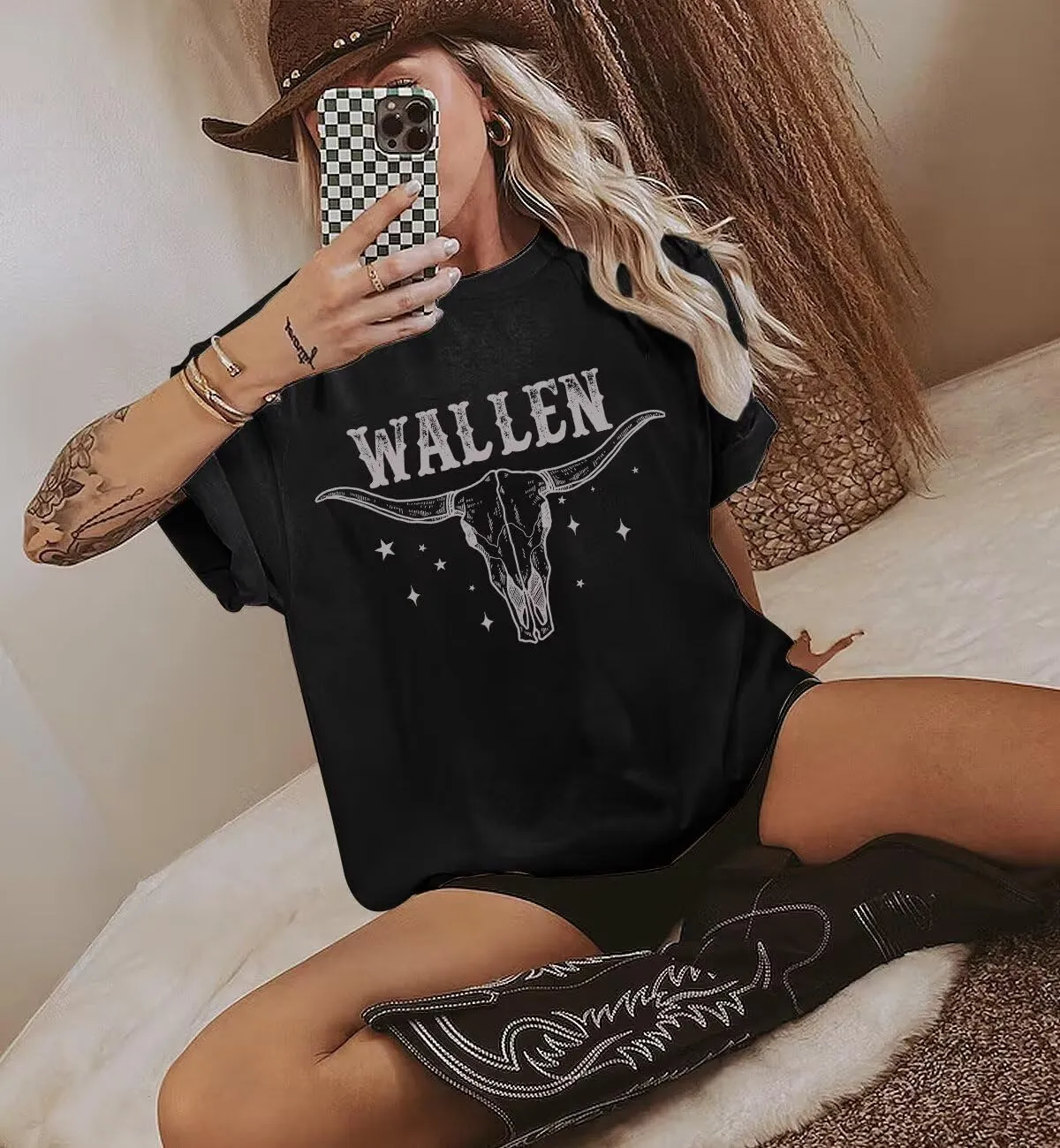 Women Vintage Country Music Shirt Retro Cow Skull Western Graphic T-Shirt Cute Cowgirl Tee Tops