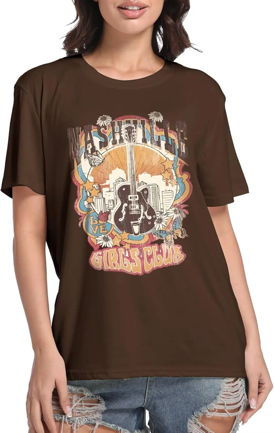 Women Vintage Country Music Shirt Retro Cow Skull Western Graphic T-Shirt Cute Cowgirl Tee Tops