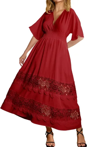 Women's Boho Maxi Dress Short Sleeve V Neck Long Flowy Dresses Smocked Waist Lace Wedding Guest Dress with Pockets