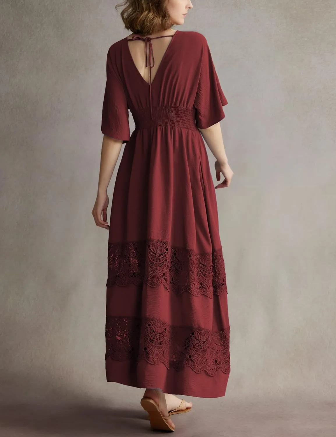 Women's Boho Maxi Dress Short Sleeve V Neck Long Flowy Dresses Smocked Waist Lace Wedding Guest Dress with Pockets