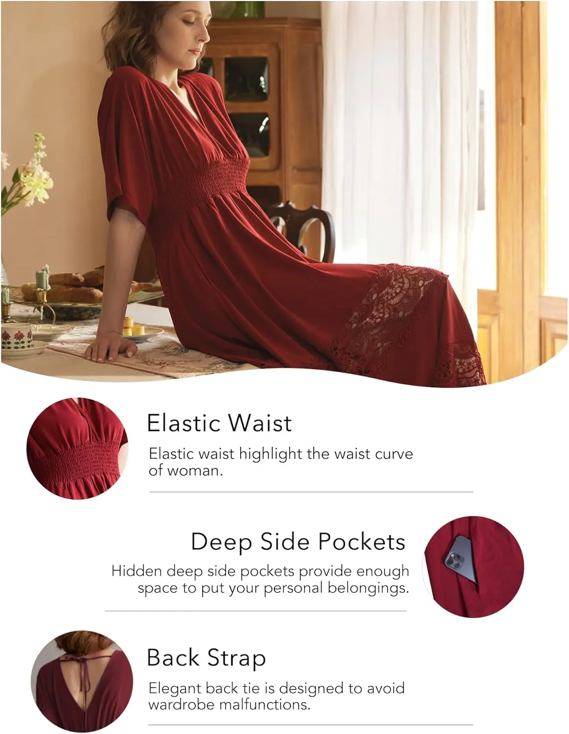 Women's Boho Maxi Dress Short Sleeve V Neck Long Flowy Dresses Smocked Waist Lace Wedding Guest Dress with Pockets