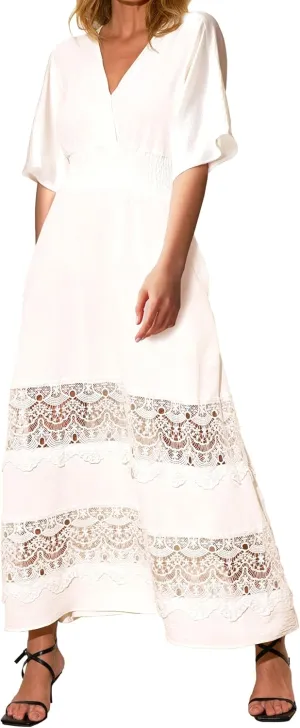 Women's Boho Maxi Dress Short Sleeve V Neck Long Flowy Dresses Smocked Waist Lace Wedding Guest Dress with Pockets