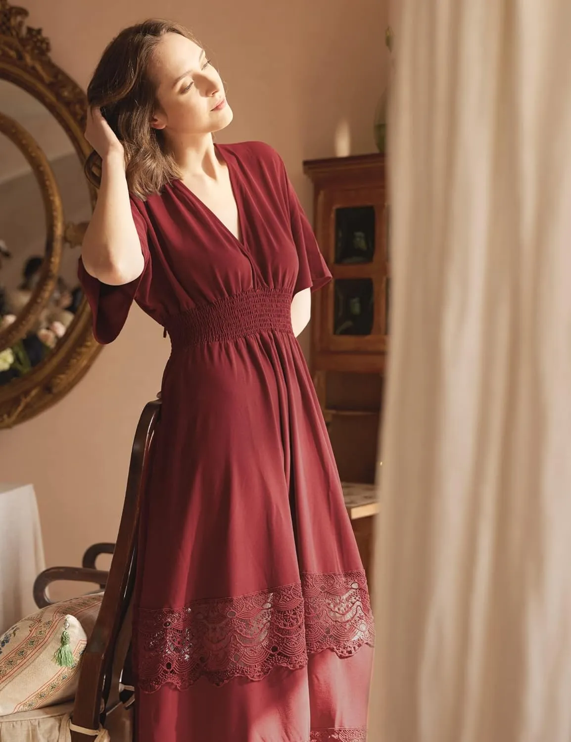 Women's Boho Maxi Dress Short Sleeve V Neck Long Flowy Dresses Smocked Waist Lace Wedding Guest Dress with Pockets