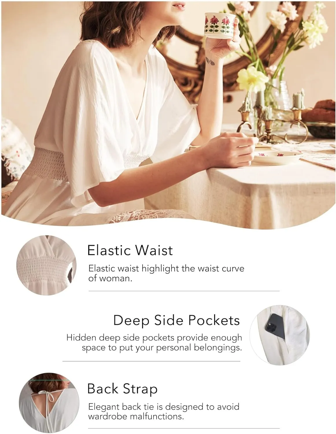 Women's Boho Maxi Dress Short Sleeve V Neck Long Flowy Dresses Smocked Waist Lace Wedding Guest Dress with Pockets