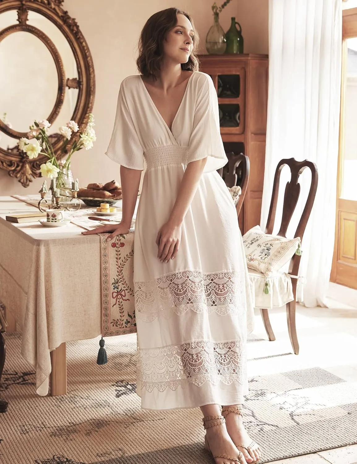 Women's Boho Maxi Dress Short Sleeve V Neck Long Flowy Dresses Smocked Waist Lace Wedding Guest Dress with Pockets